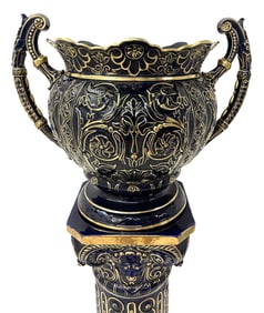 FRENCH GILDED FAIENCE URN ON PEDESTAL