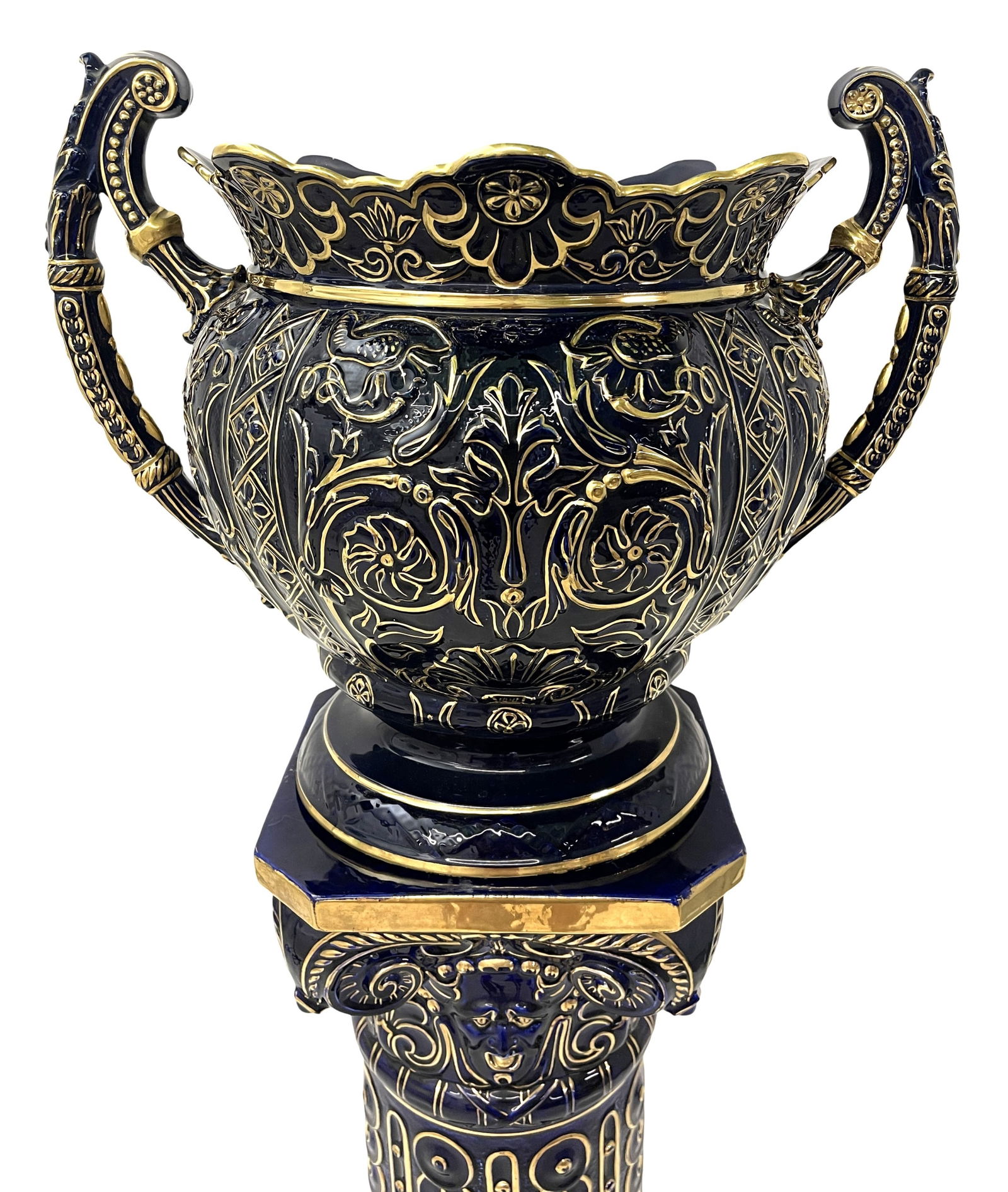 FRENCH GILDED FAIENCE URN ON PEDESTAL (1 of 4)