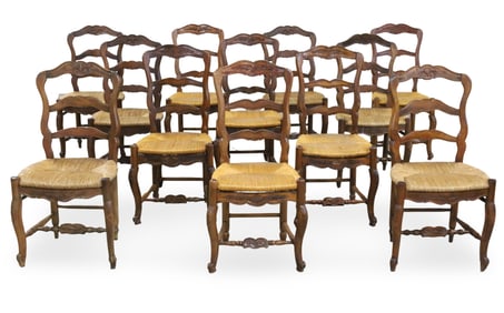 12 FRENCH PROVINCIAL LADDER BACK CHAIRS