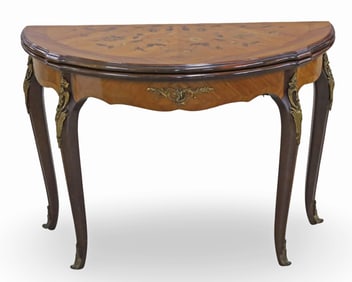 LOUIS XV STYLE MARQUETRY DEMILUNE GAME TABLE