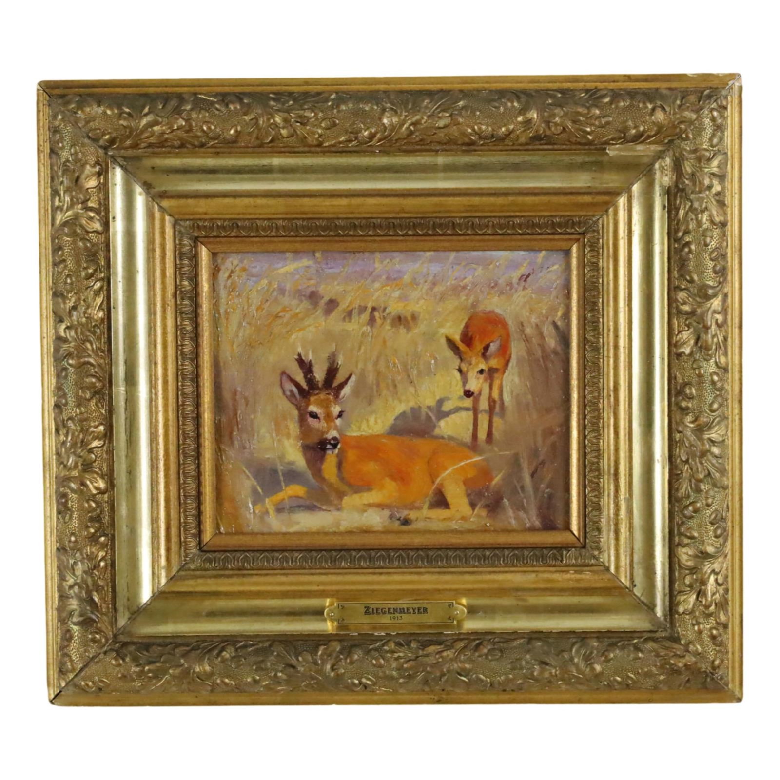 OIL ON CANVAS PTG OF DEER, ZIEGENMEYER: Oil on canvas painting of two roe deer in a grassy landscape by Adolf Ziegenmeyer (German, b. 1864), title plaque on giltwood frame dated 1913; 7"H 9"W canvas 13.5"H 15"W overall