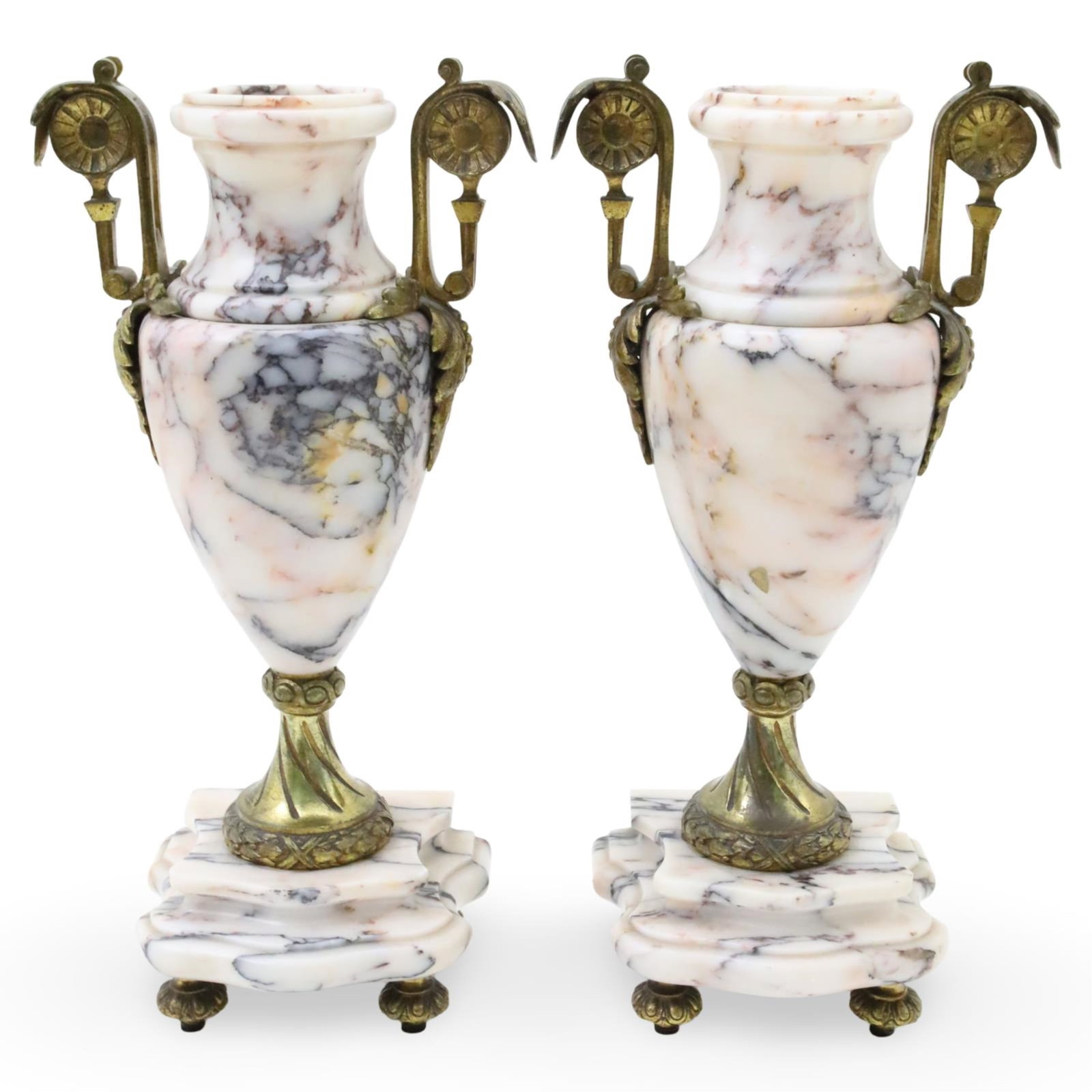PAIR FRENCH MARBLE AND GILT BRONZE URNS: Pair of French varigated marble and gilt bronze urns, 19th century; 14.5"H