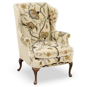 QUEEN ANNE STYLE WALNUT WINGBACK CHAIR WITH CREWEL