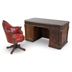 ENGLISH MAHOGANY DESK AND LEATHER CHAIR