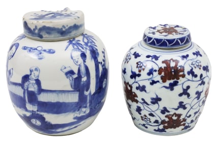 TWO ANTIQUE CHINESE PORCELAIN LIDDED GINGER JARS