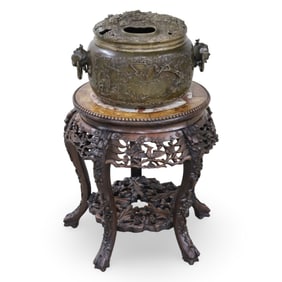 CHINESE BRONZE CENSER ON TEAKWOOD PEDESTAL