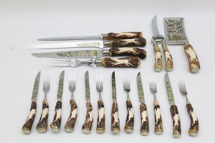 18 PC ANTON WINGEN JR GERMAN STAGHORN CARVING SET