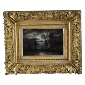 O/B MOONLIT HARBOR SCENE PAINTING, 19TH C.