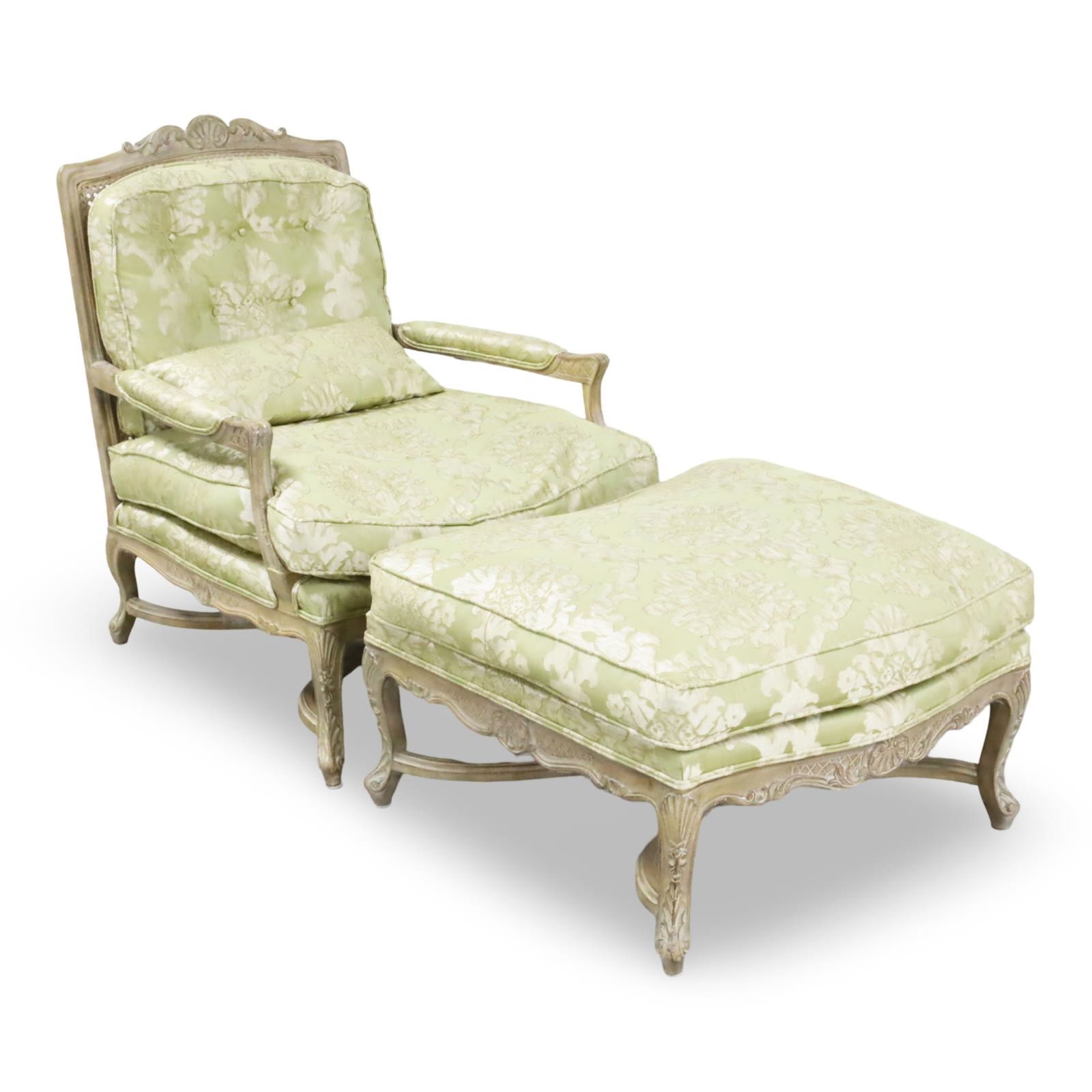 LOUIS XV STYLE DUCHESSE BRISEE: Louis XV style Duchesse brisee chaise lounge, consisting of armchair with caned back and ottoman, 20th century; chair 36"H 29"W 27"D 18" seat, ottoman 18.5"H 28"W 26"D