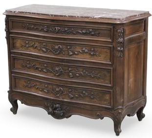 HENRI II WALNUT MARBLE TOP COMMODE
