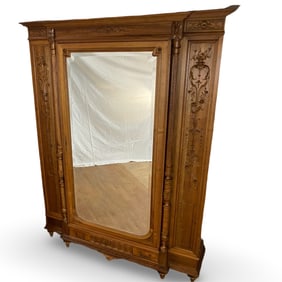 LOUIS XVI STYLE CARVED WALNUT MIRROR DOOR ARMOIRE