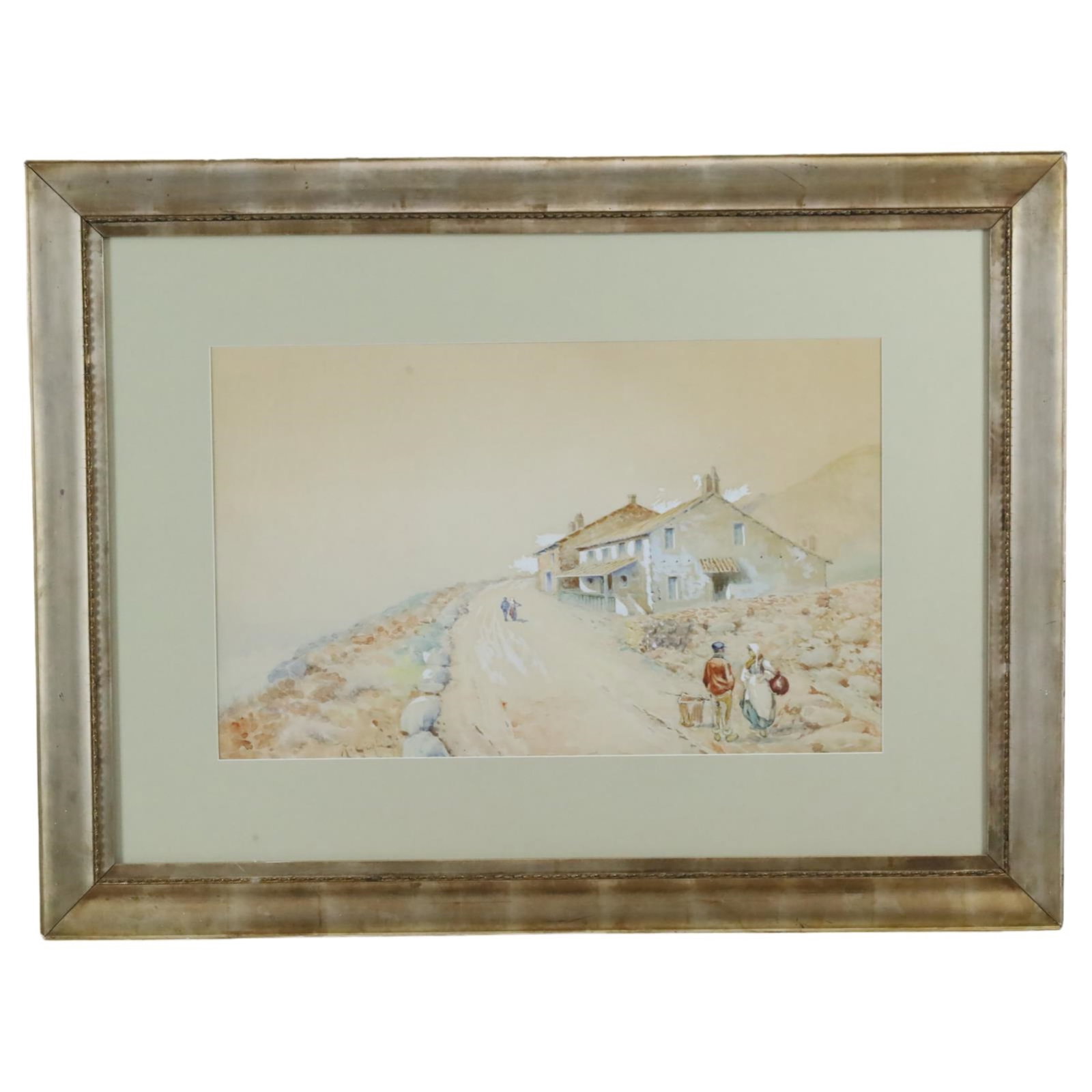 ROBERTO GIGLI (ITALIAN, 1846-1922): Frame and matted watercolor on paper of a village scene, by Roberto Gigli (Italian, 1846-1922) signed lower left; 16.5"H 26"W visible 31"H 41"W overall