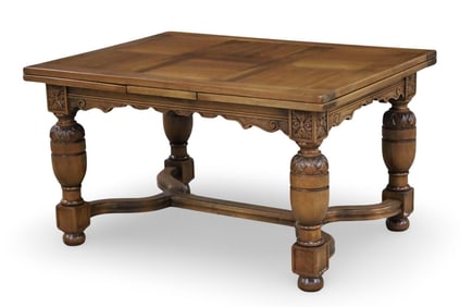 FRENCH CARVED WALNUT DRAW LEAF DINING TABLE