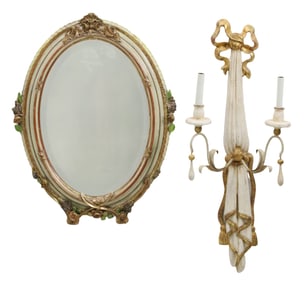 FRENCH POLYCHROME MIRROR AND SCONCE
