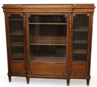 FRENCH BRZ MTD MARQUETRY BREAKFRONT BOOKCASE