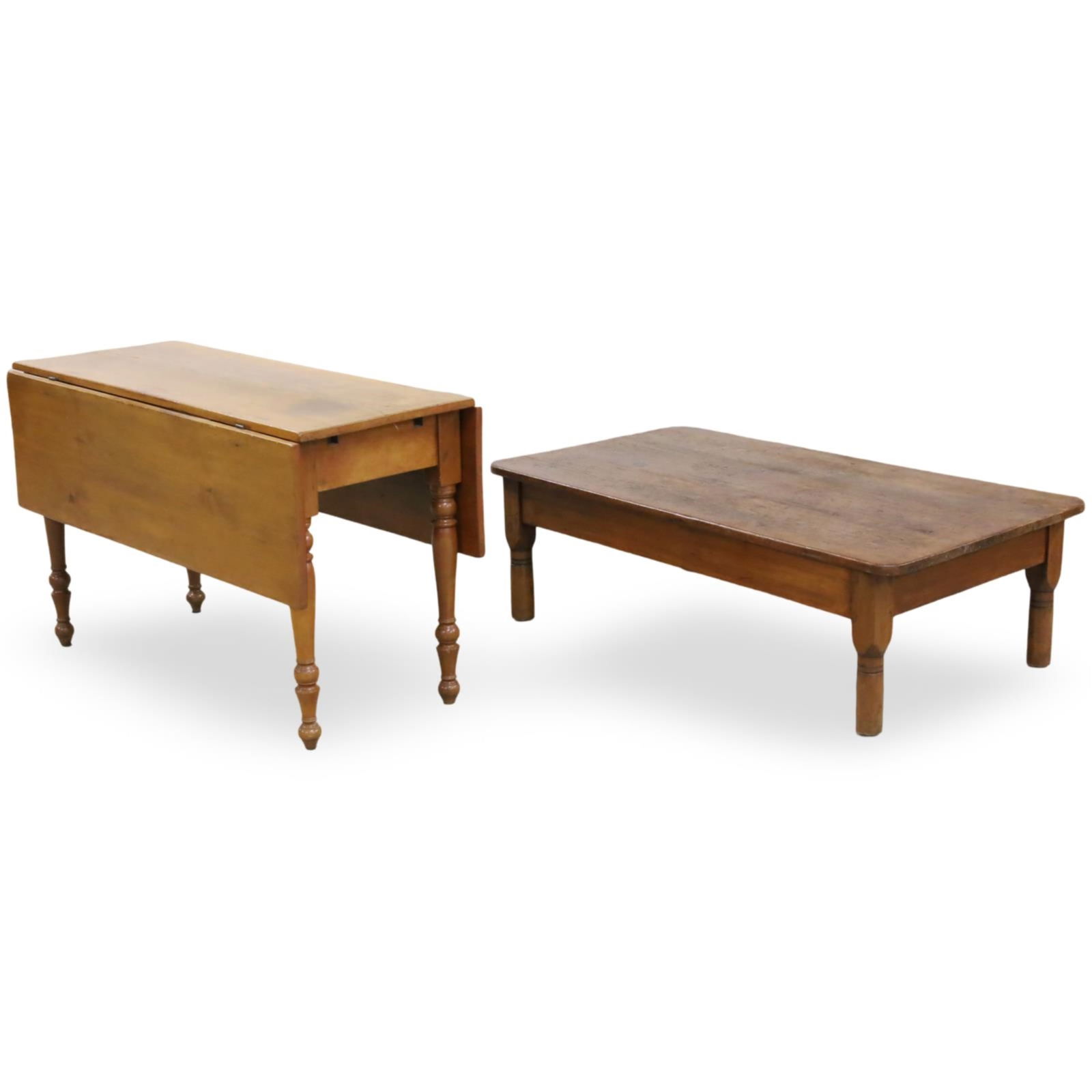 PINE DROP LEAF TABLE AND LOW TABLE: American pine drop leaf table on turned legs, along with a pine low table; drop leaf 29"H 48"W 21"D 47"D w/ leaves, low table 16.5"H 54"W 30"D