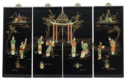 CHINESE 4 PANEL BLACK LACQUER SCREEN