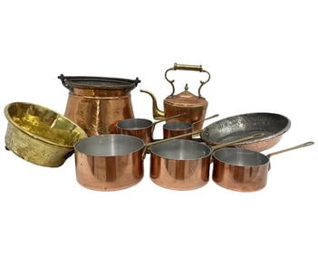 9PC OF FRENCH COPPER, IRON, AND BRASS
