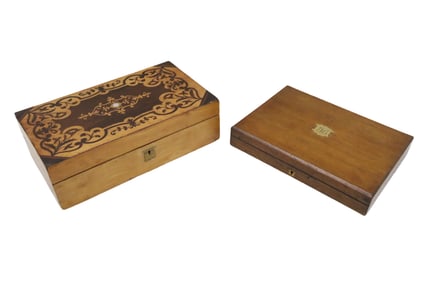 INLAID BIRDSEYE MAPLE LAP DESK AND OAK BOX