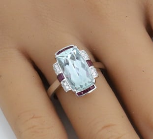 AQUAMARINE RUBY DIAMOND AND PLAT. RING