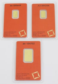 THREE 999.9 FINE SWISS GOLD BARS, 7 GRAMS TOTAL