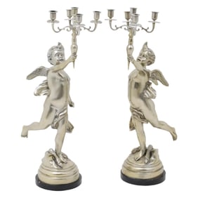 PR. OF SILVERED BRONZE PUTTI CANDELABRA