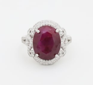 PLATINUM RUBY AND DIAMOND RING, GIA