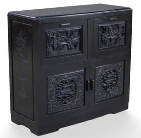 CHINESE CARVED BLACK LACQUER CABINET