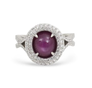 CABACHON RUBY DIAMOND AND PLAT. RING, GIA