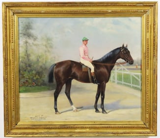 FRENCH O/C PANEL PTG JOCKEY ON HORSEBACK, 19TH C.