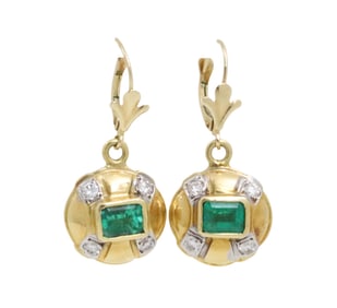 PR 14K Y/G EMERALD AND DIAMOND EARRINGS