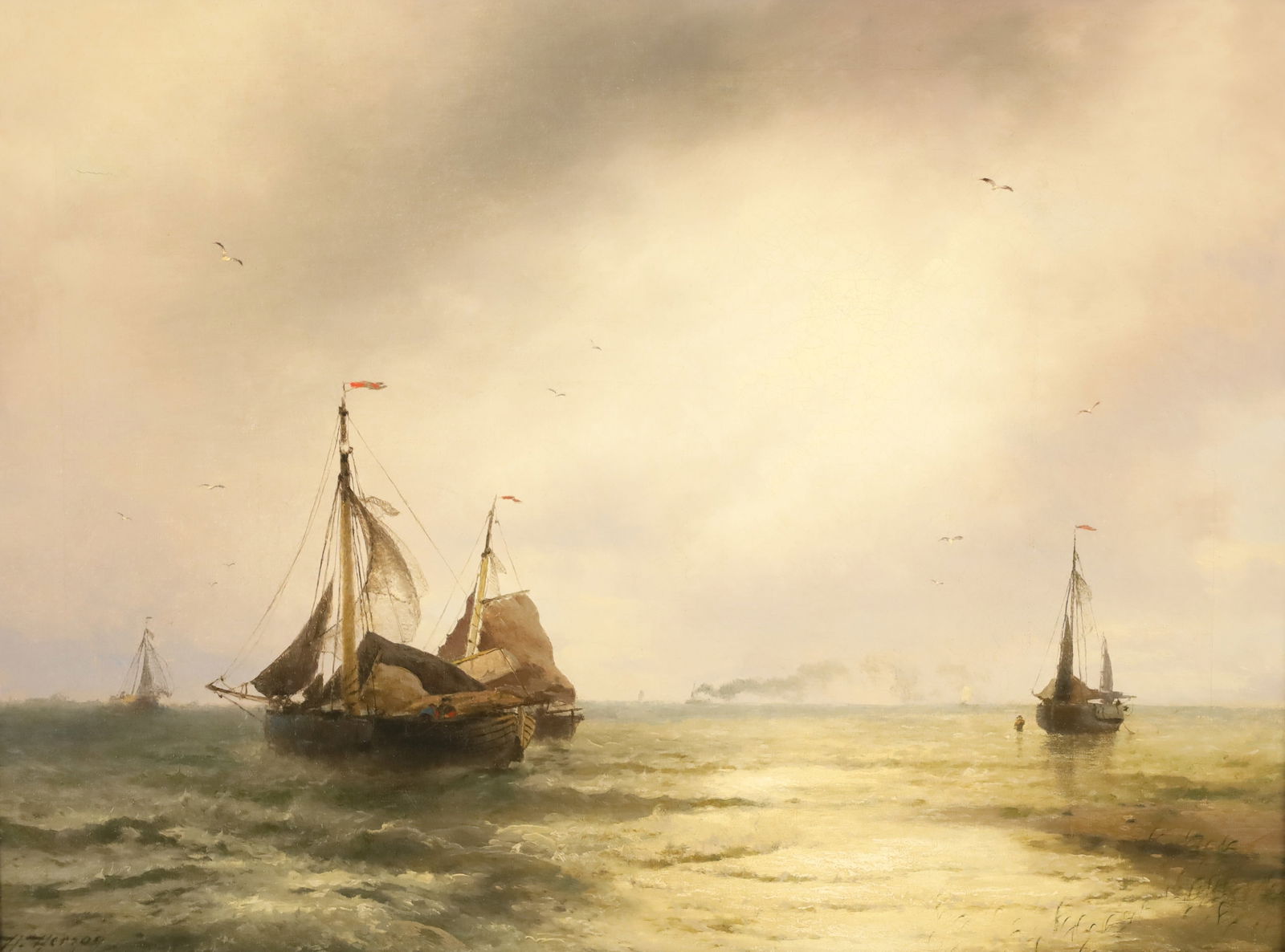 HERMANN HERZOG (AMERICAN, 1832-1915): Fine oil on canvas seascape painting signed lower left H. Herzog with applied plaque reading H. Herzog 1832-1915; 18.25"H 24.5"W image, 25"H 32"W overall