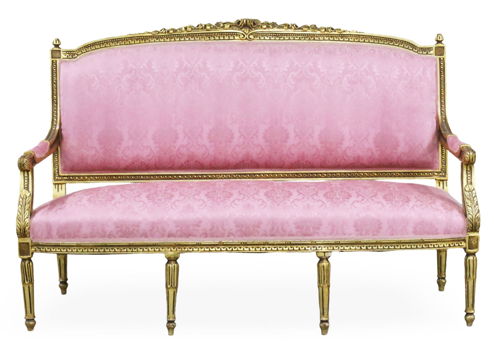 LOUIS XVI STYLE GILTWOOD SETTEE: Louis XVI style giltwood settee with silk damask upholstery, early 20th century; 39"H 64"W 22"D