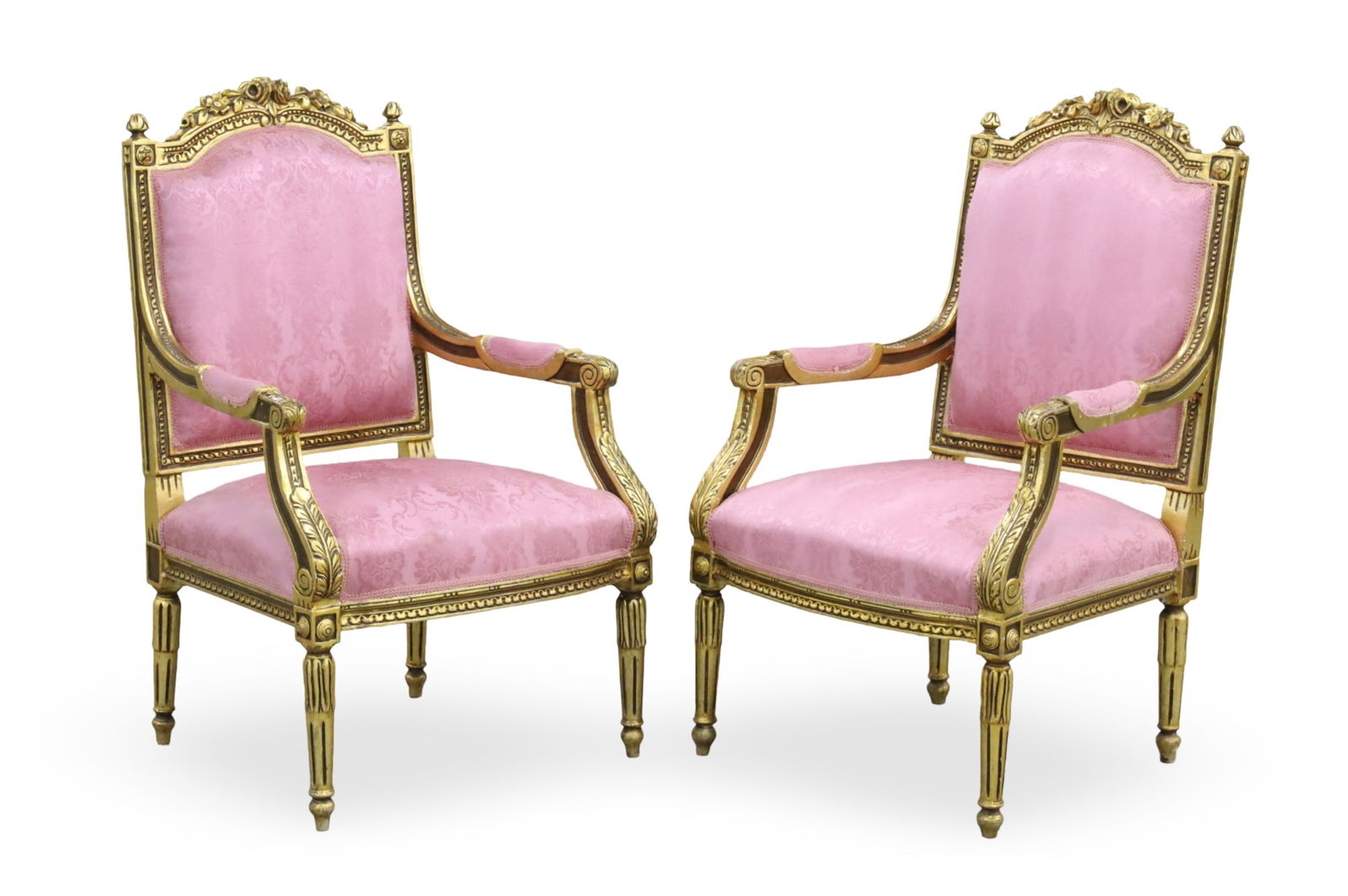 PR LOUIS XVI STYLE GILTWOOD FAUTEUILS: Pair of Louis XVI style giltwood fauteuils with silk damask upholstery, early 20th century; each 40.5"H 24"W 21"D 17.5" seat