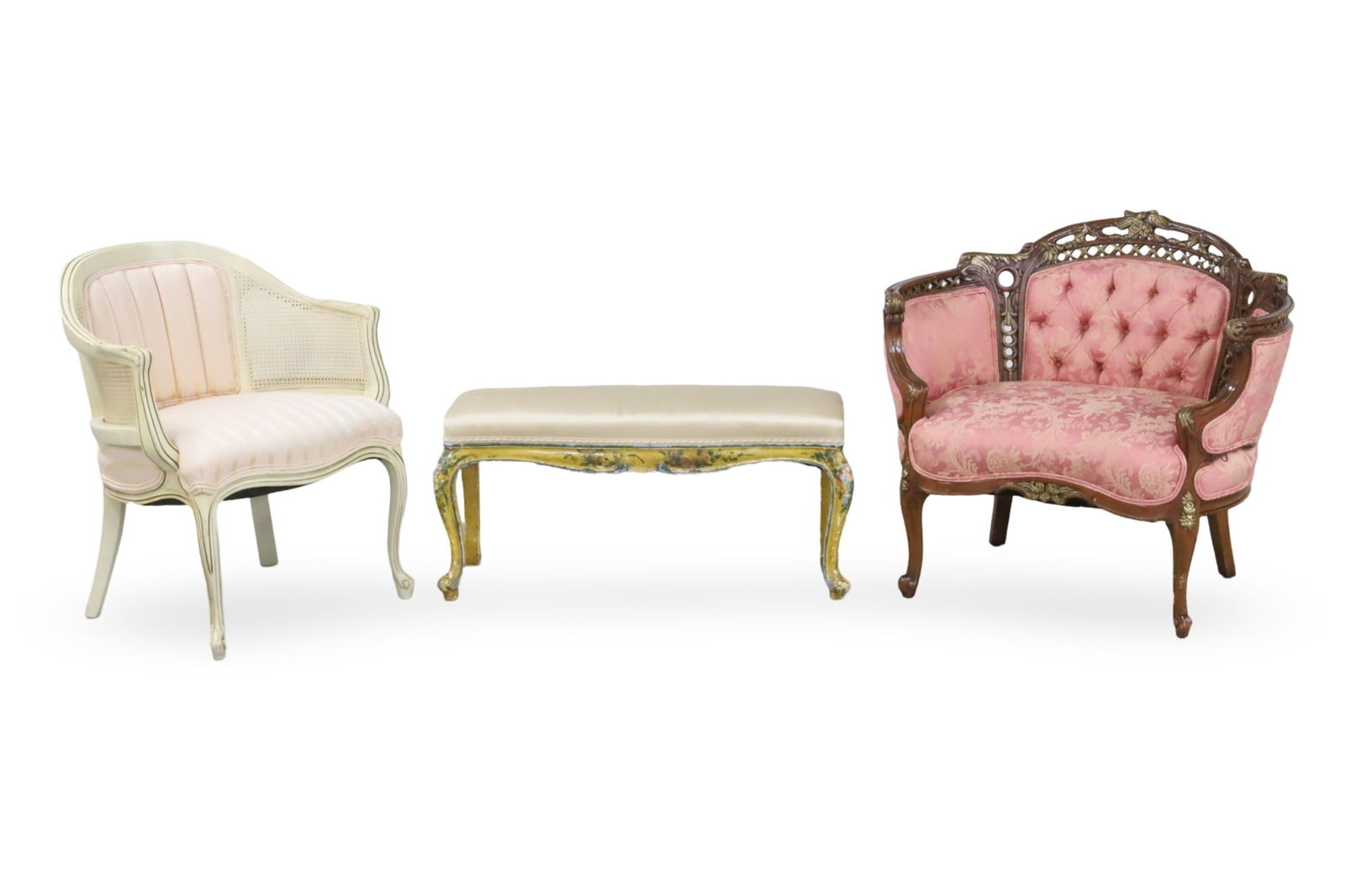 3 PC LOT OF LOUIS XV STYLE SEATING: Three piece lot consisting of two Louis XV style French bergeres, along with a conforming tabouret stool; chairs 32"H 35"W 19"D and 31"H 23"W 19"D, tabouret 32"W 12"D