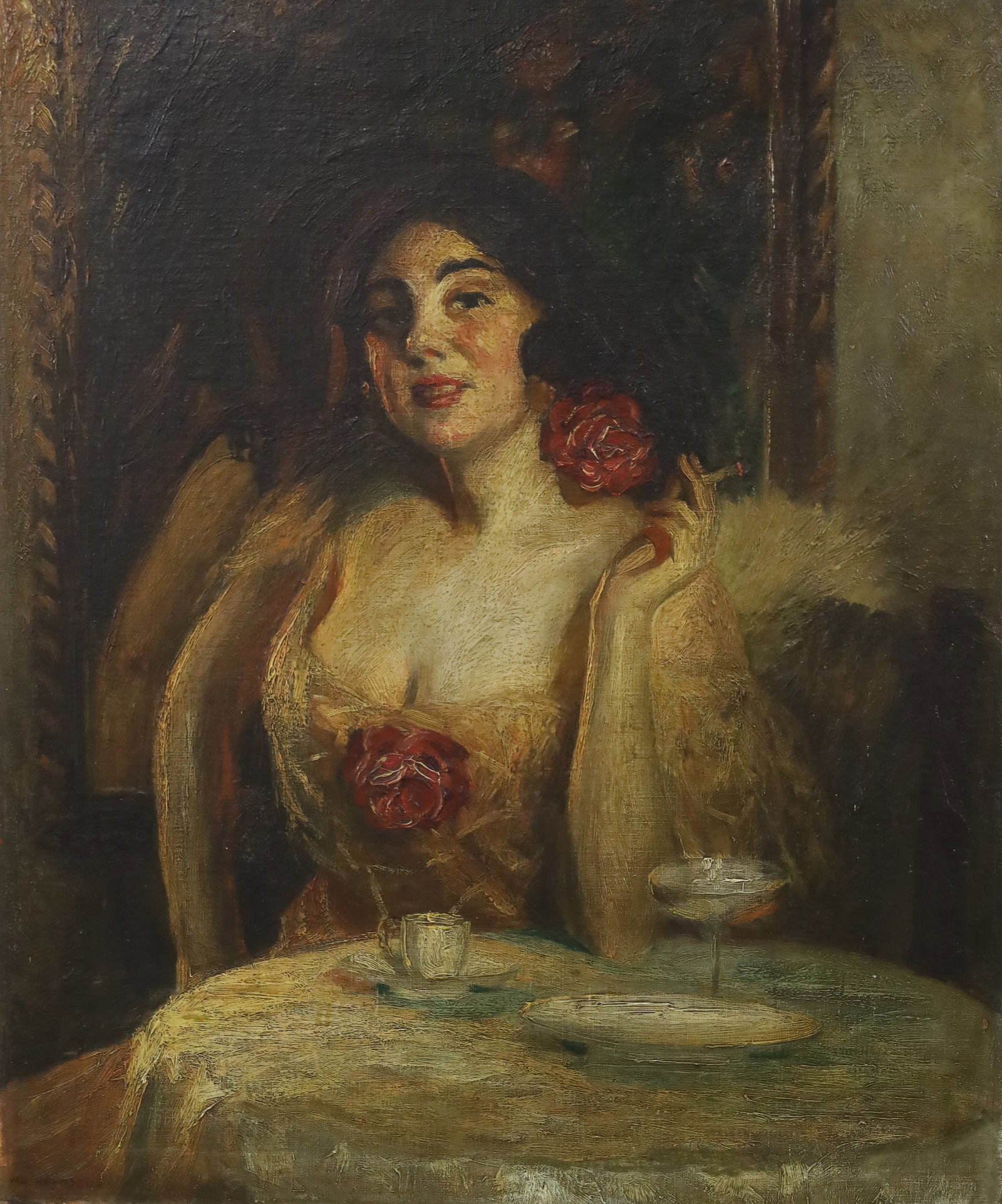 OIL ON CANVAS PTG OF A LADY, W.W. REYNOLDS: Oil on canvas painting of a well costumed lady seated at a cocktail table, signed W.W. Reynolds lower left, early to mid 20th century, unframed; 36"H 30"W