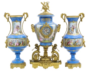 3 PC BRONZE MOUNTED SEVRES CLOCK SET