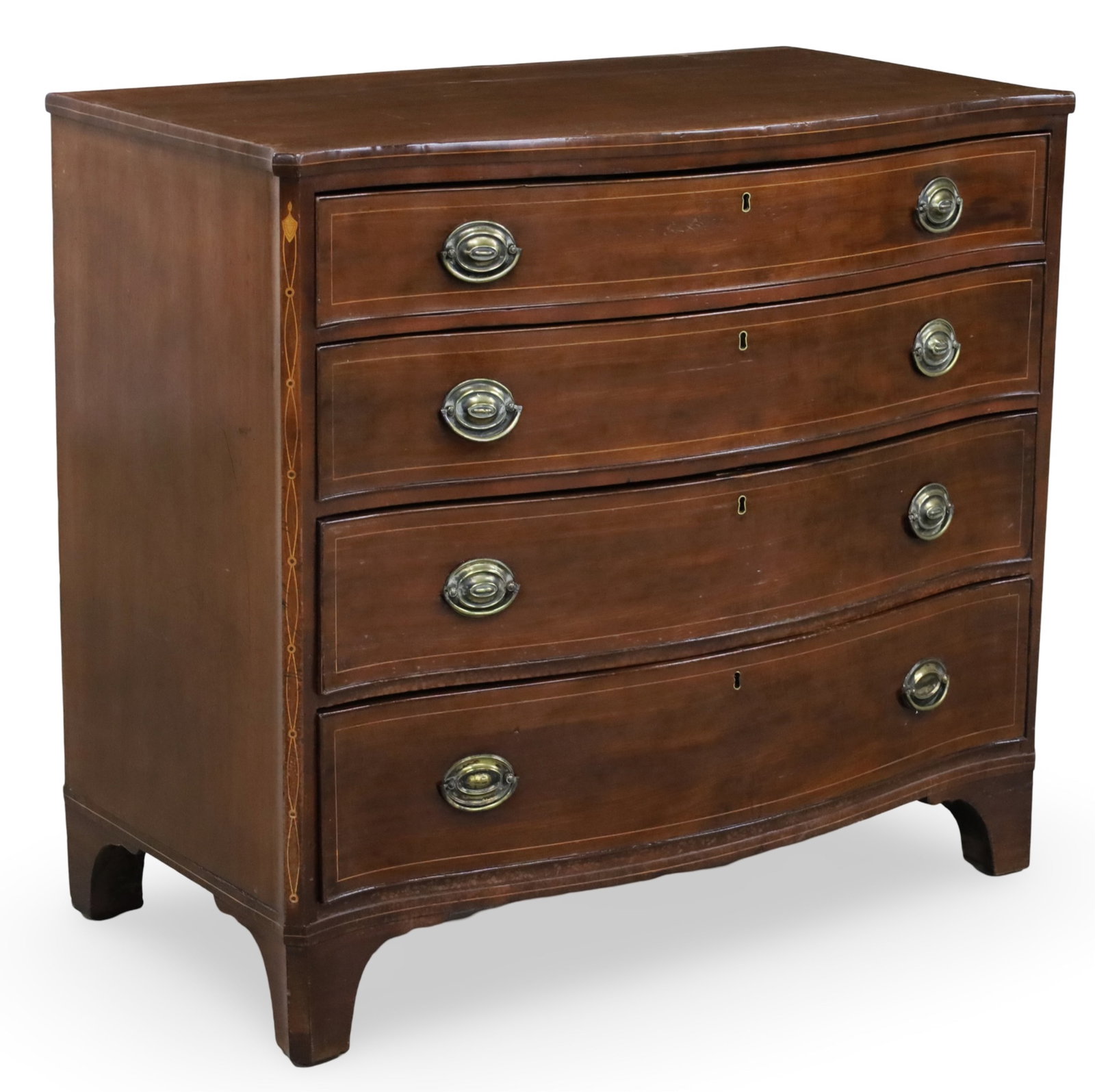 ENGLISH MAHOGANY INLAID CHEST OF DRAWERS, 19TH C.: English mahogany chest of drawers, serpentine front with amorial satinwood inlaid column supports, raised on ogee bracket feet, 19th century; 39.5"H 43"W 24"D