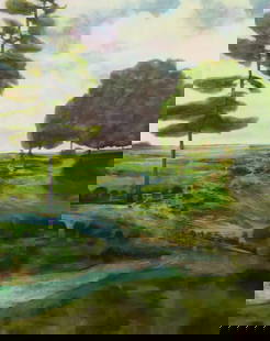 W. SCOTT LEACH, BUTTERFLY CREEK FRAGMENTED III: Large oil on canvas painting depicting a twisting creek in a landscape, by William Scott Leach (Tennessee, 1939-2018) signed lower right dated 2014, gallery card on reverse titles work "Butterfly Cree