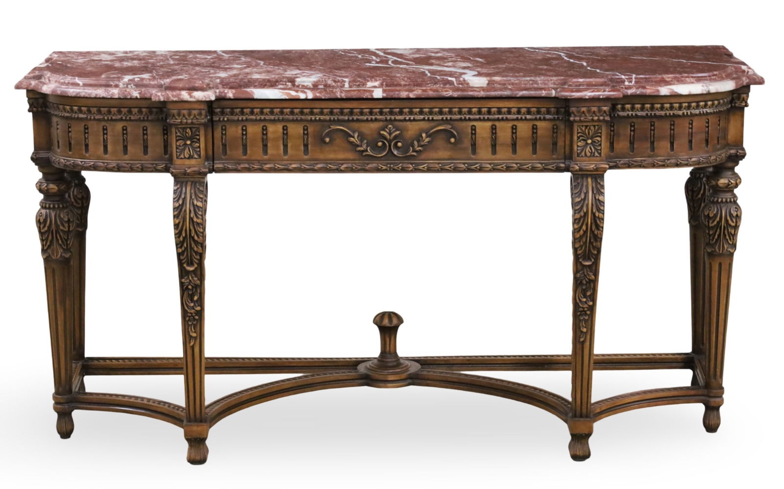 LOUIS XVI STYLE MARBLE TOP CONSOLE: Louis XVI style console with variegated rouge marble top having a single drawer frieze with egg and dart molding, rosette mounted column supports lowering to carved scrolling foliate legs, 20th centur