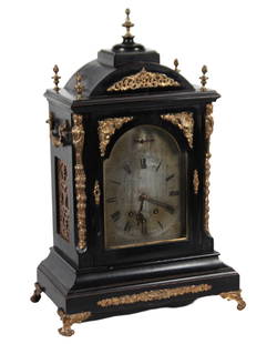 ENGLISH GILT BRONZE MTD EBONY CASE BRACKET CLOCK: English gilt bronze mounted ebony case bracket clock having silver dial with Westminster movemenet playing on a rack of bells; 27"H 17"W 10"D