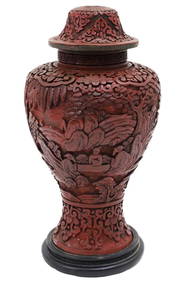 CHINESE CINNABAR LIDDED VASE, 19TH C. (1 of 5)