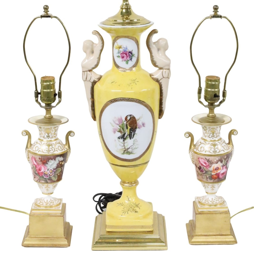 3 OLD PARIS PORCELAIN VASES AS LAMPS: Three Old Paris porcelain vases, including a larger with caryatid form handles, along with a pair, all having hand painted floral and bird reserves, now mounted as lamps, shades available; larger 31"H