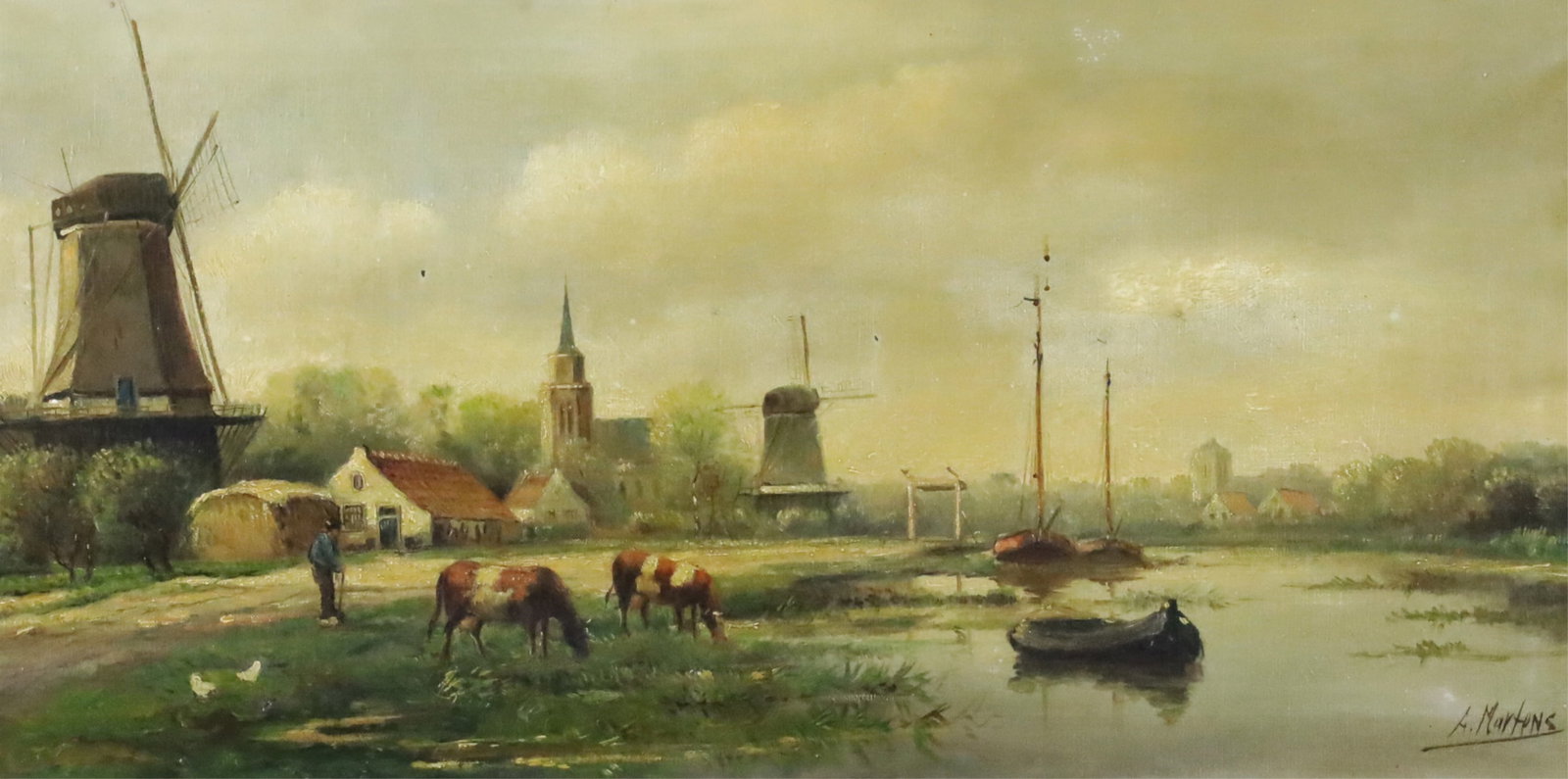 ALFRED MARTENS (DUTCH, 1888-1936): Oil on canvas of a Dutch landscape with windmills and cattle beside a river, by Alfred Martens (Dutch,1888-1936), signed lower right; 22"H 46"W overall