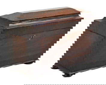 ENGLISH MAHOGANY HIDDEN DRAWER TEA CADDY, 19TH C. (1 of 5)