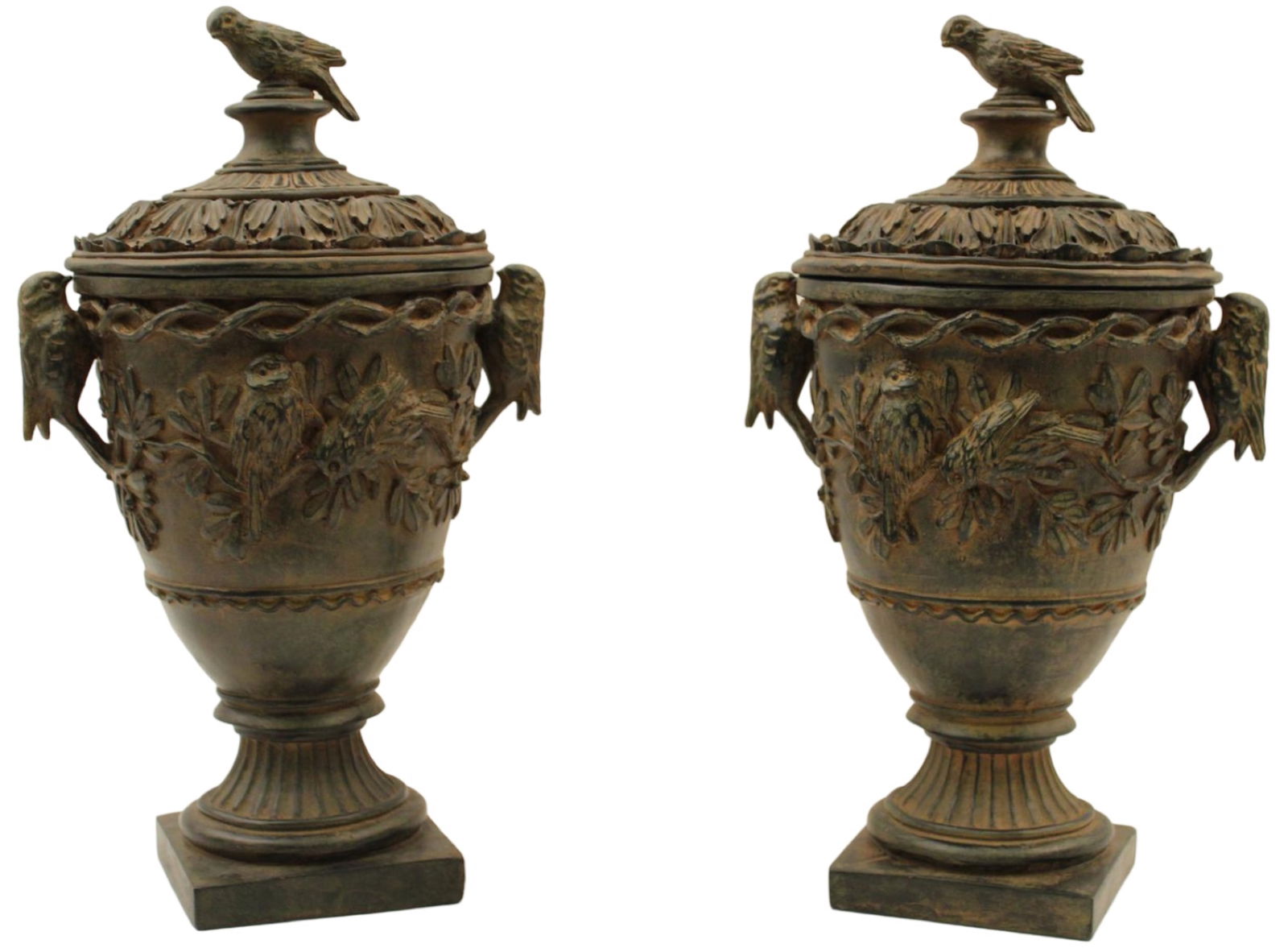 PR OF FAUX BRONZE CAPPED URNS WITH BIRD SURMOUNT (1 of 3)