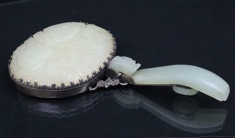 CARVED JADE AND SILVER MIRROR, LATE QING