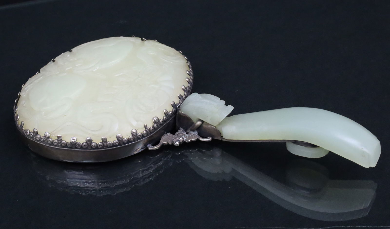 CARVED JADE AND SILVER MIRROR, LATE QING (1 of 5)