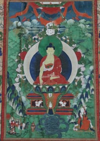 TIBETAN BUDDHA SHAKYAMUNI THANGKA, 19TH C.