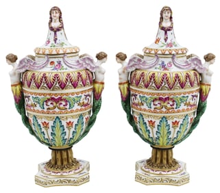 FINE PR OF CAPODIMONTE CAPPED URNS